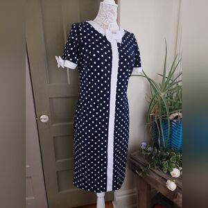 Shelby & Palmer Navy Blue And White Polka Dot Mod Retro Midi Dress Women's 8
